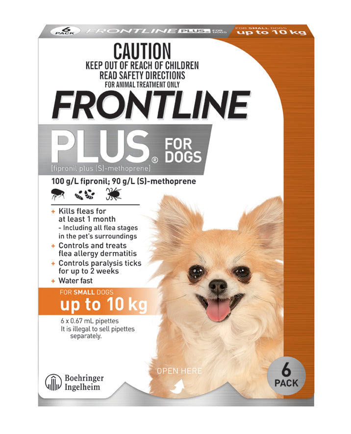 Frontline Plus for Dogs carton, orange up-to-10 kg band, six pipettes