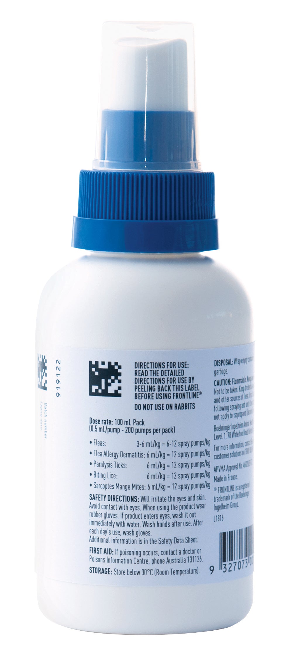 Back of the Frontline Spray 100 mL bottle, with the label text
