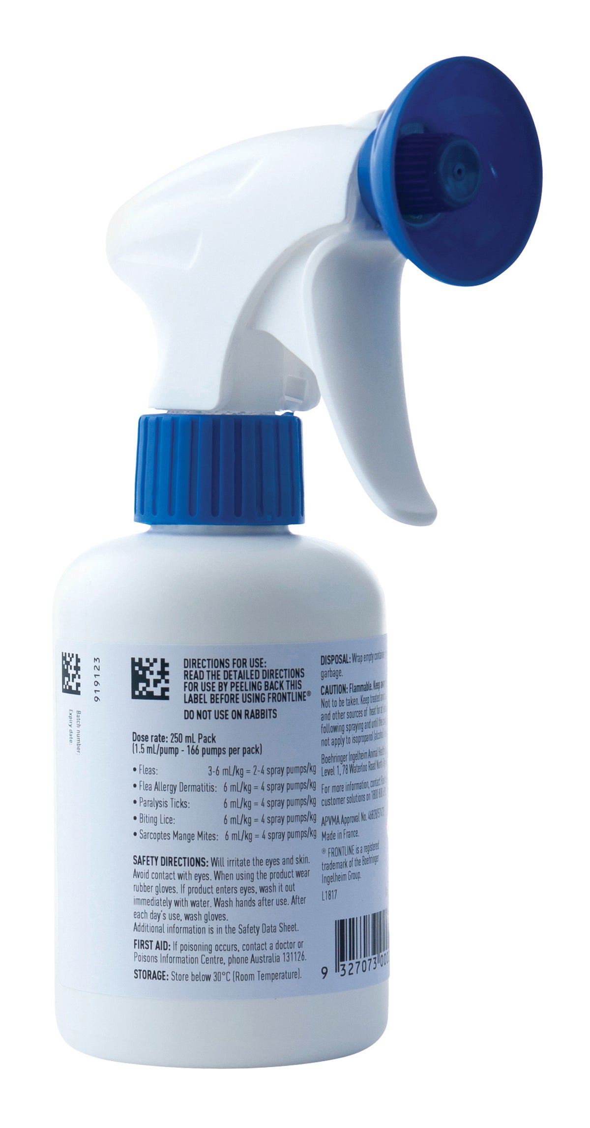 Back of the Frontline Spray 250 mL trigger bottle, with the label text