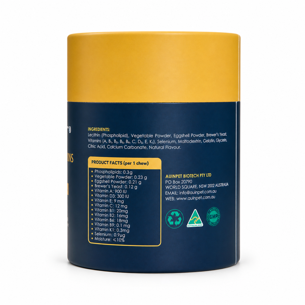 Side panel of the Auinpet Gold+Multi-Vitamins for Pets tube listing ingredients and product facts
