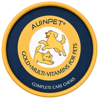 Auinpet Gold+Multi-Vitamins for Pets lid from above, cartoon dog and cat on the complete care chews label