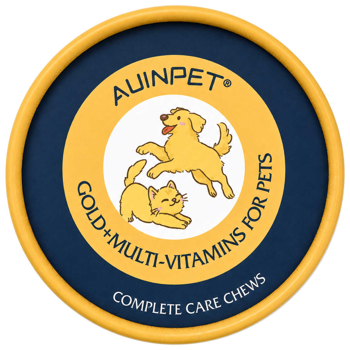 Auinpet Gold+Multi-Vitamins for Pets lid from above, cartoon dog and cat on the complete care chews label