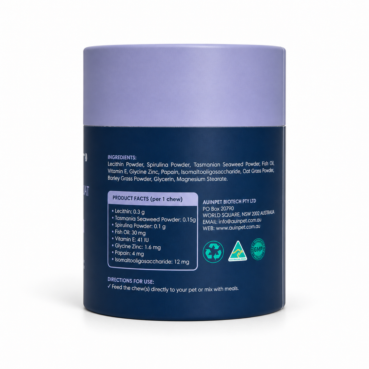 Side panel of the Auinpet Hairball & Skin Coat for Cats tube listing ingredients and product facts