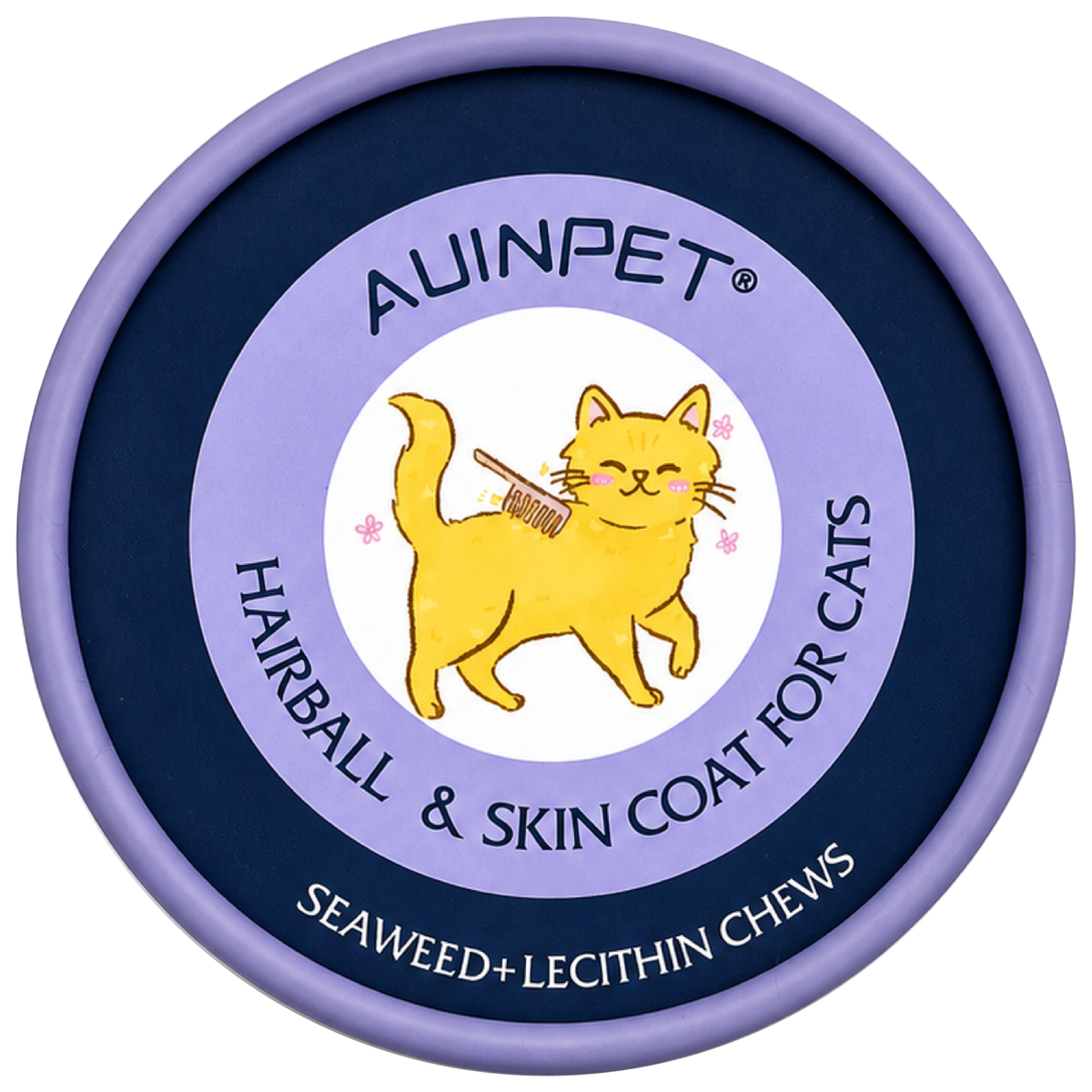 Auinpet Hairball & Skin Coat for Cats lid from above, cartoon cat on the seaweed and lecithin chews label
