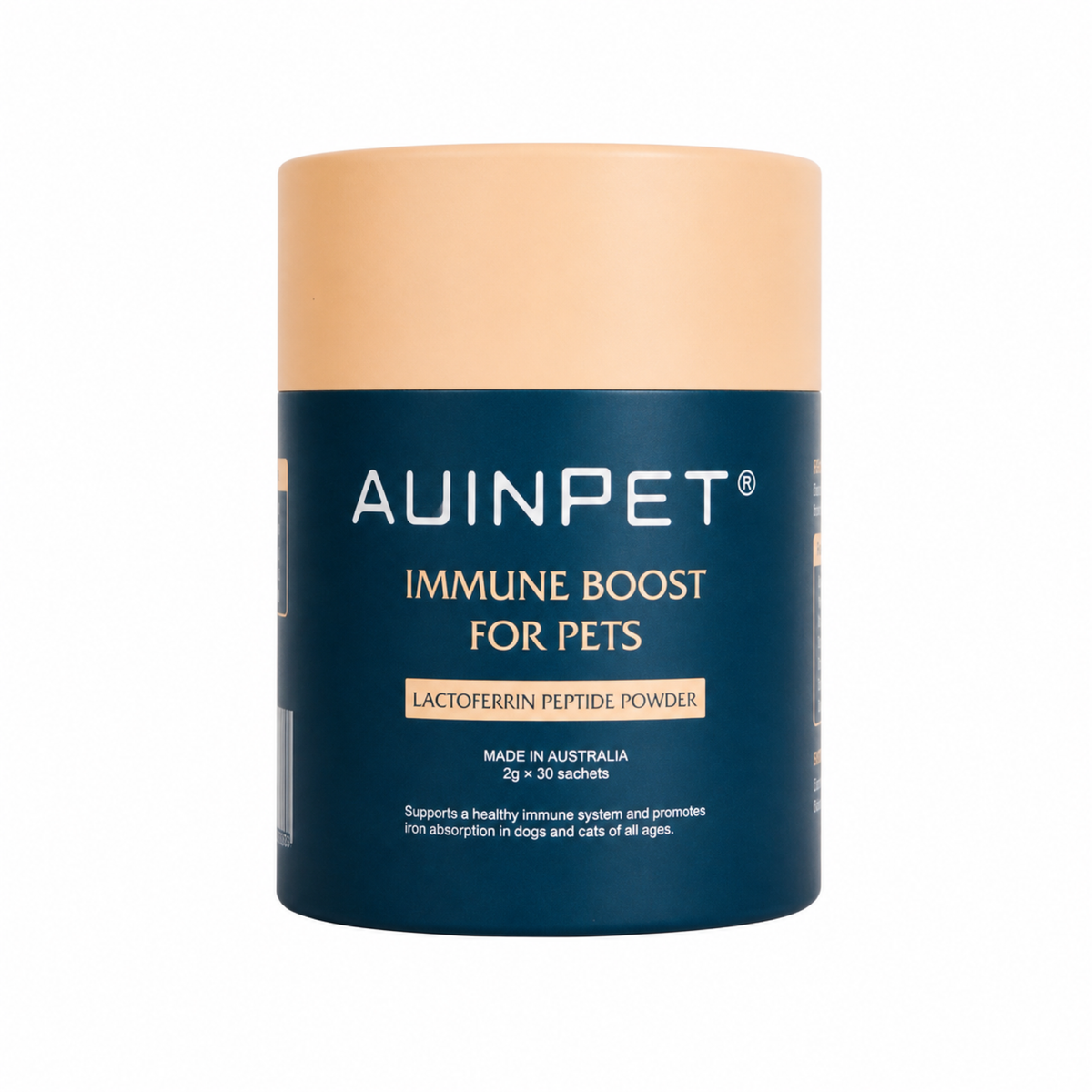 Front of the Auinpet Immune Boost for Pets tube, a lactoferrin peptide powder made in Australia