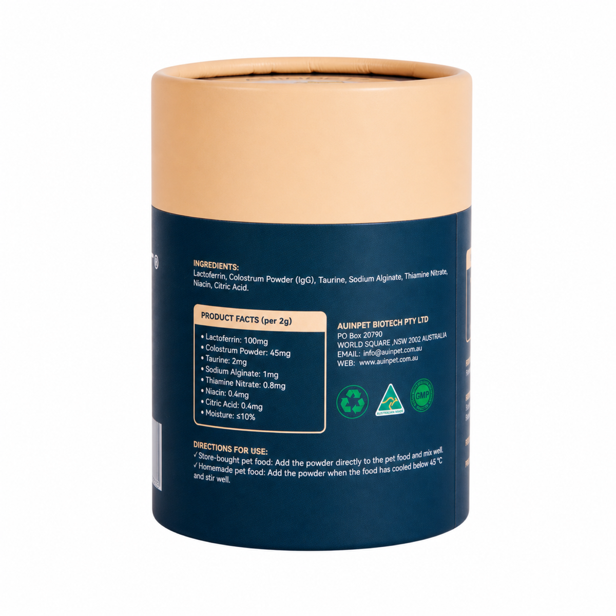 Side panel of the Auinpet Immune Boost for Pets tube listing ingredients, product facts and directions