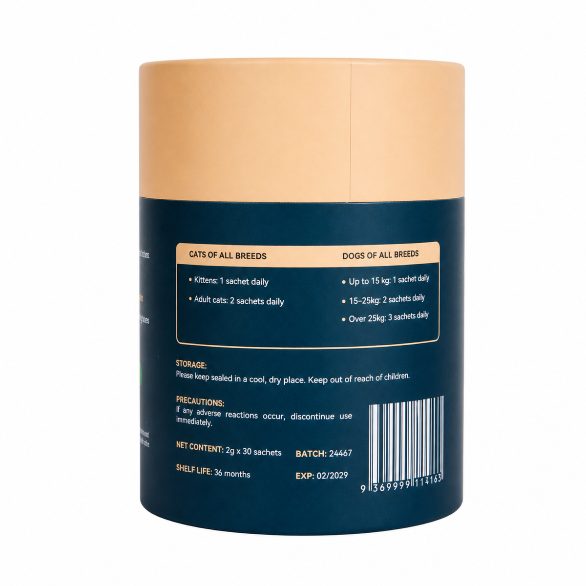 Back of the Auinpet Immune Boost for Pets tube with the daily sachet guide for cats and dogs, and barcode