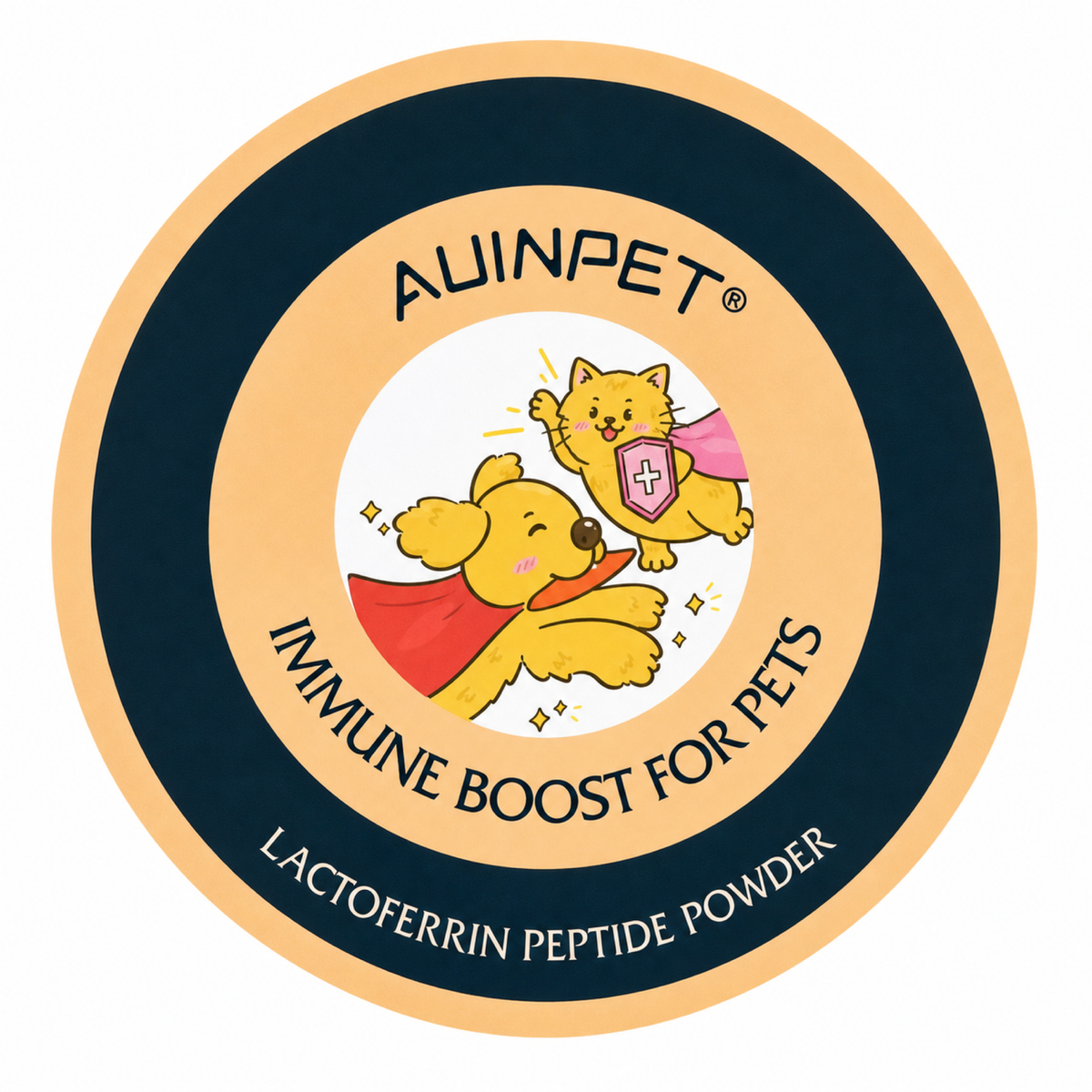 Auinpet Immune Boost for Pets lid from above, cartoon superhero dog and cat on the lactoferrin peptide label