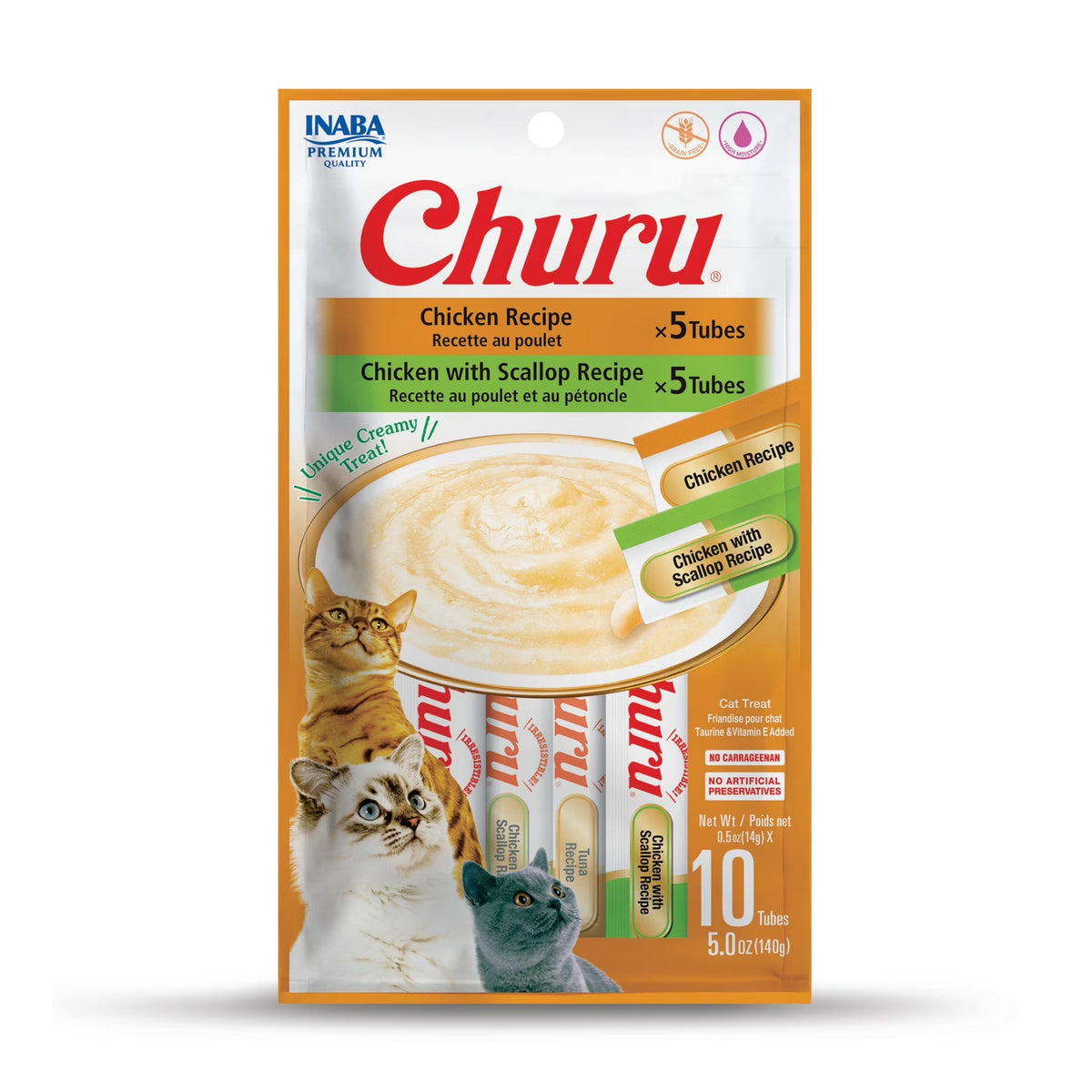 Inaba Churu Puree Chicken Varieties cat treats, front of the 10-tube pack