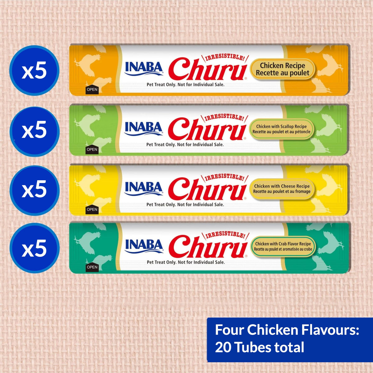 Inaba Churu Puree Chicken Varieties 20-tube box flavour line-up: 5 each of Chicken, Chicken with Scallop, Chicken with Cheese and Chicken with Crab Flavour