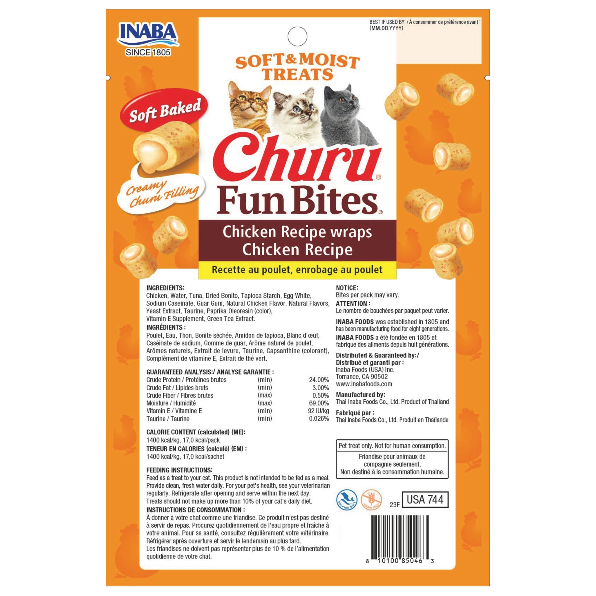 Inaba Churu Fun Bites Chicken Wraps with Chicken cat treat, back of pack showing ingredients and feeding guide
