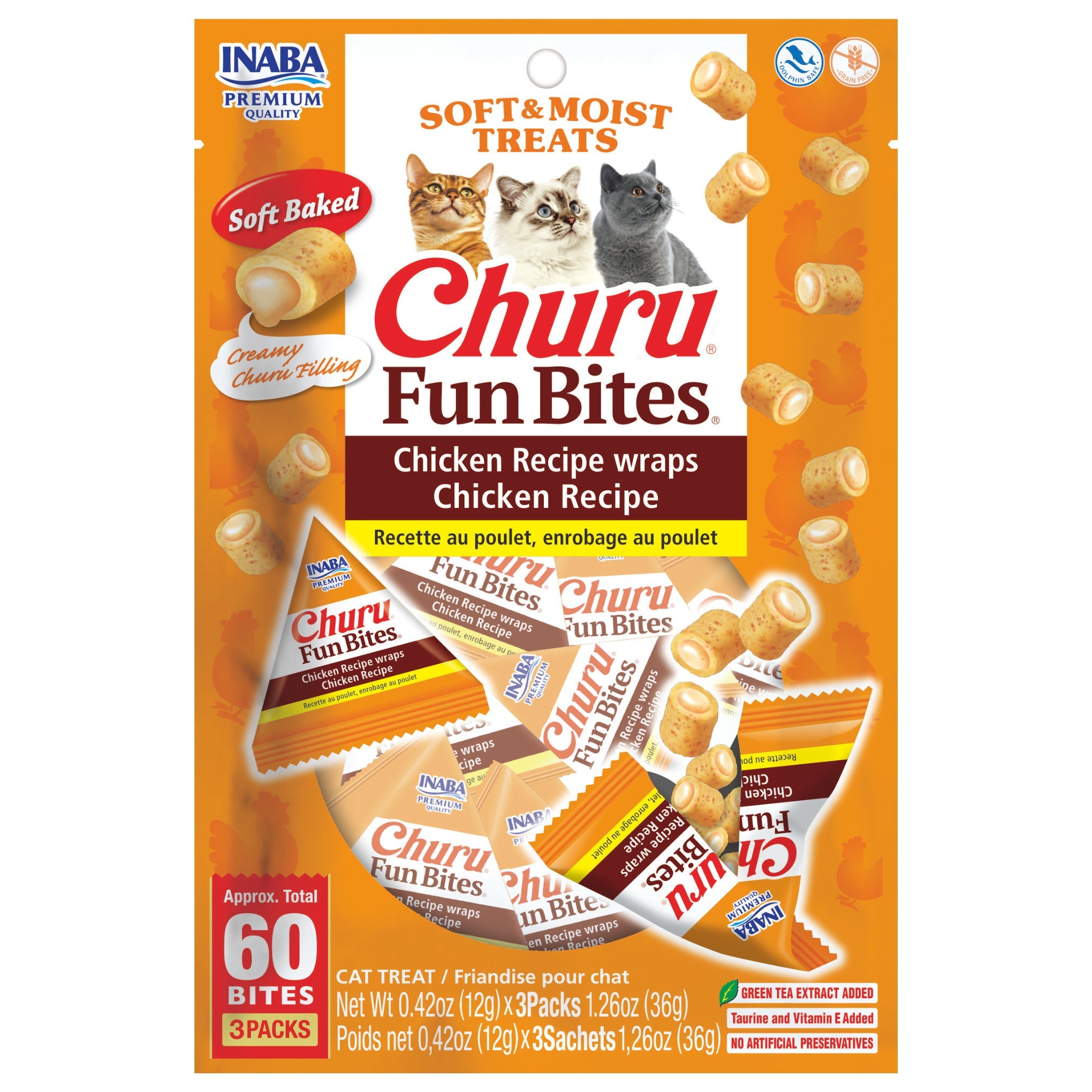 Inaba Churu Fun Bites Chicken Wraps with Chicken cat treat, front of pack, 3 packs x 12g