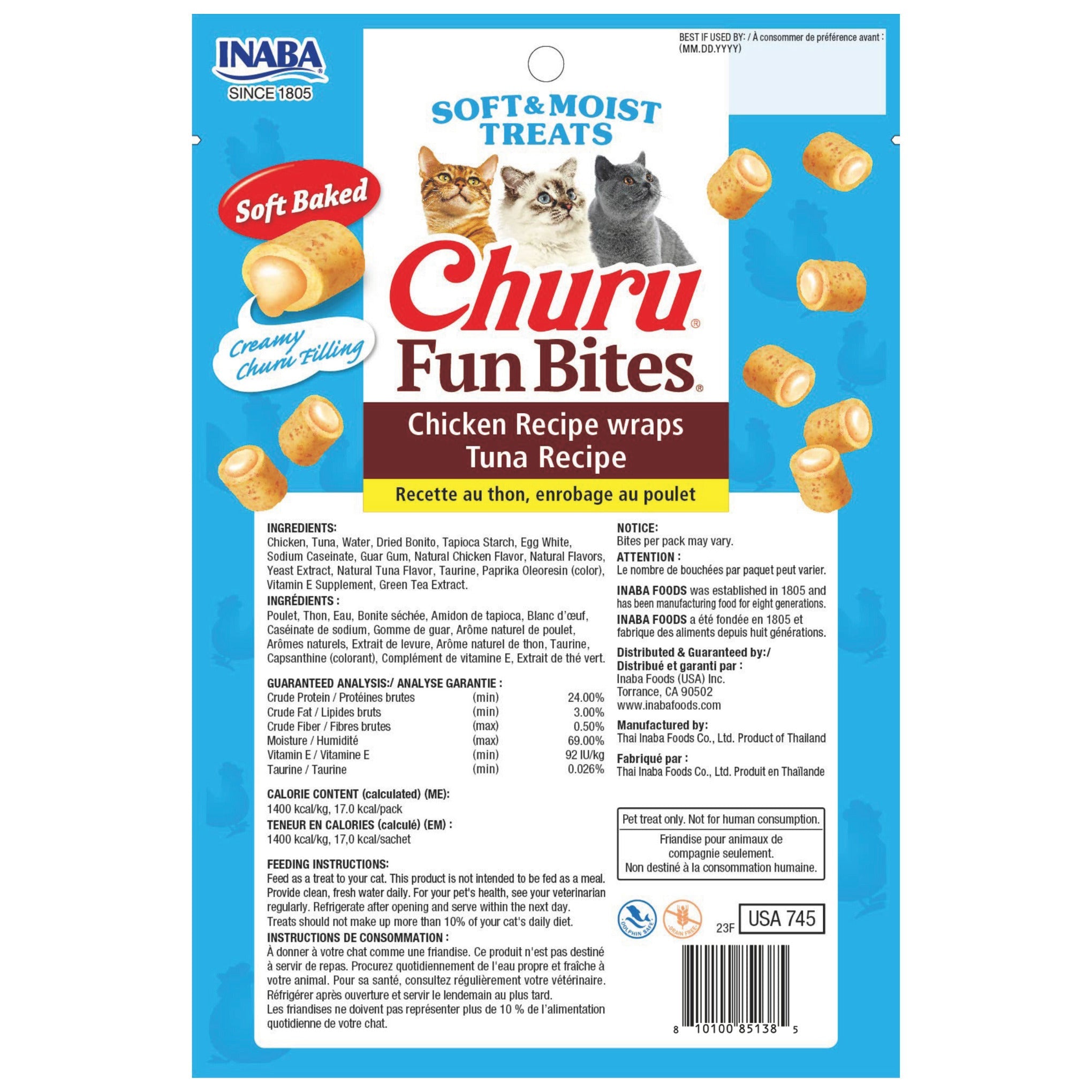 Inaba Churu Fun Bites Chicken Wraps with Tuna cat treat, back of pack showing ingredients and feeding guide