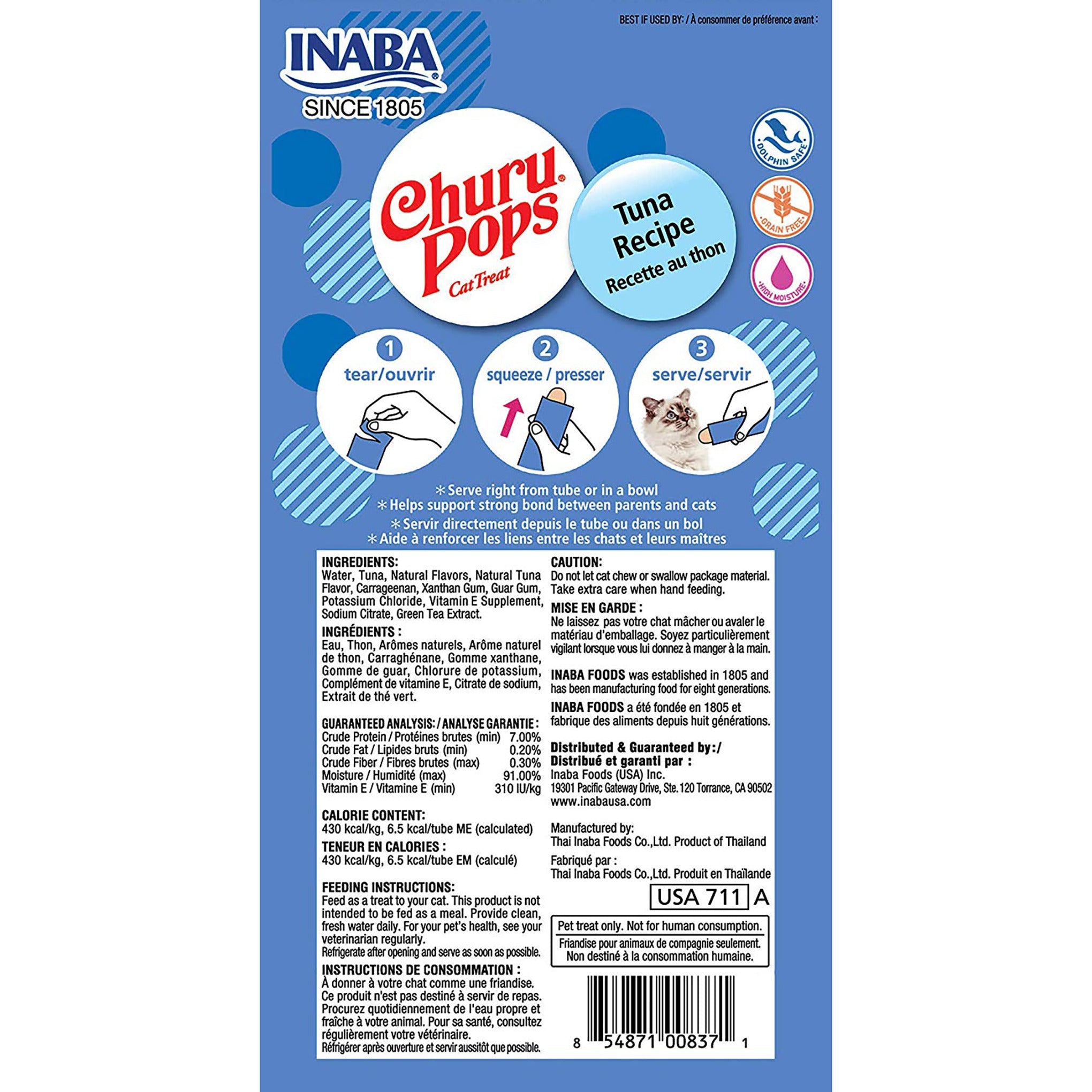 Inaba Churu Pops Tuna cat treat, back of pack showing ingredients and feeding guide