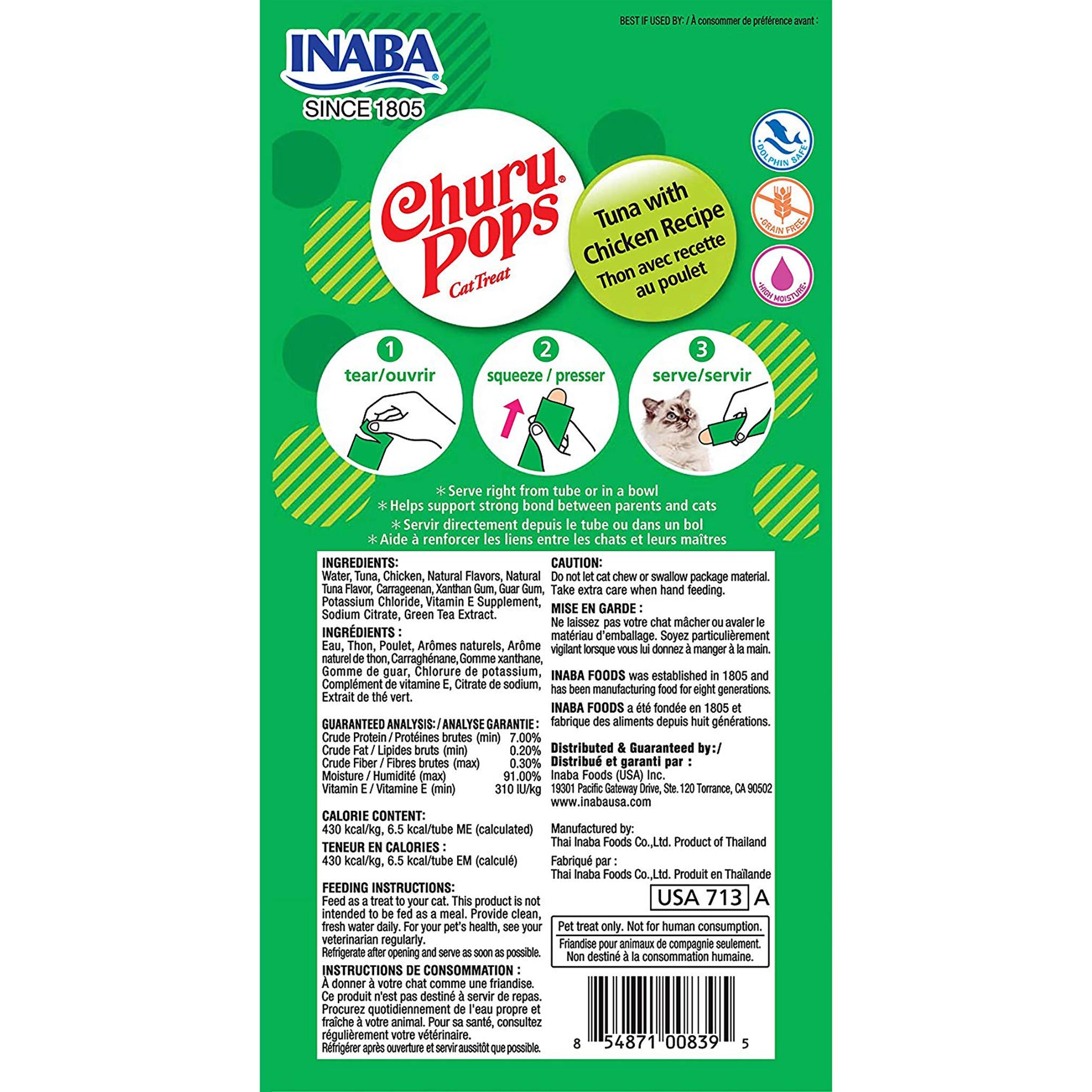 Inaba Churu Pops Tuna with Chicken cat treat, back of pack showing ingredients and feeding guide