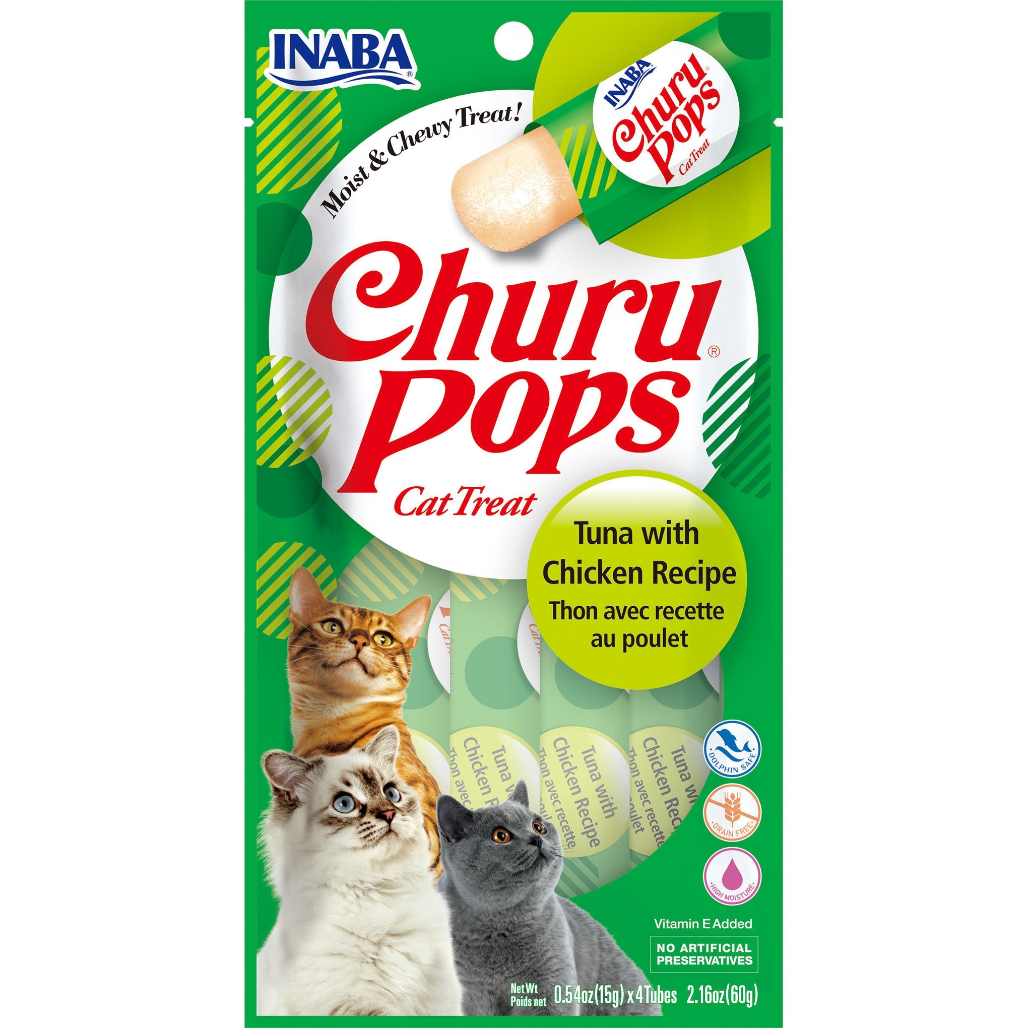 Inaba Churu Pops Tuna with Chicken cat treat, front of pack, 4 tubes x 15g