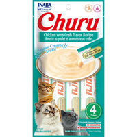 Inaba Churu Puree Chicken with Crab cat treat, front of pack, 4 tubes x 14g