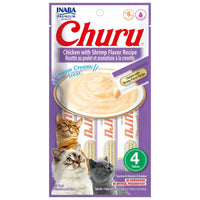 Inaba Churu Puree Chicken with Shrimp cat treat, front of pack, 4 tubes x 14g