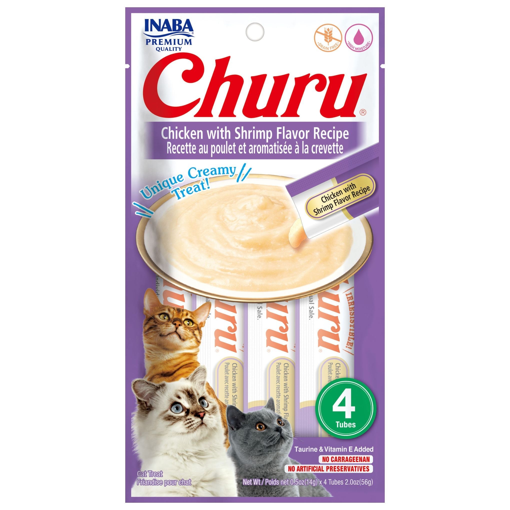 Inaba Churu Puree Chicken with Shrimp cat treat, front of pack, 4 tubes x 14g