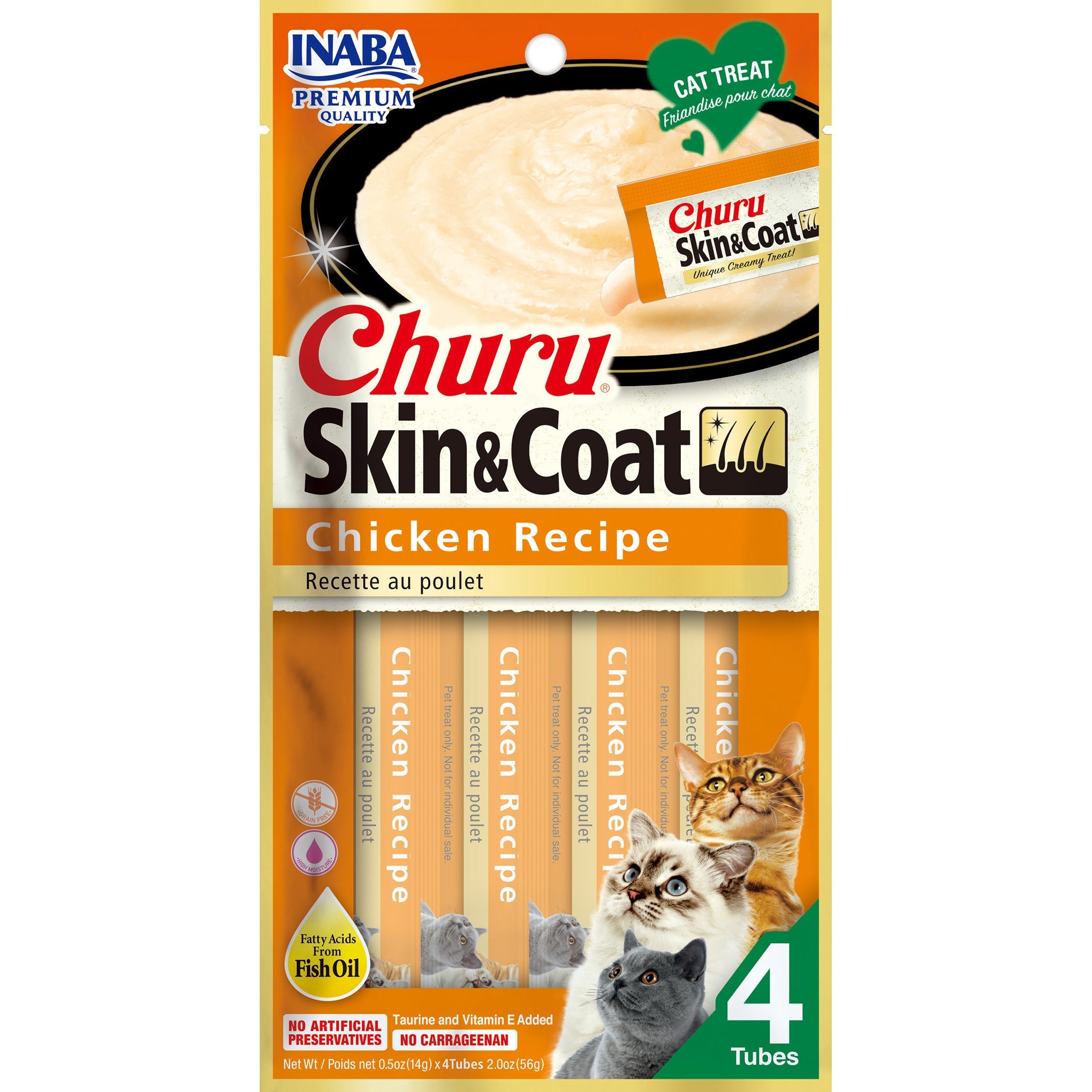 Inaba Churu Puree Skin & Coat Chicken cat treat, front of pack, 4 tubes x 14g