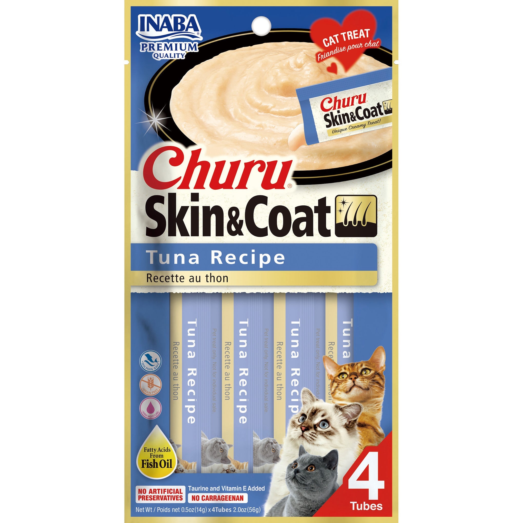 Inaba Churu Puree Skin & Coat Tuna cat treat, front of pack, 4 tubes x 14g