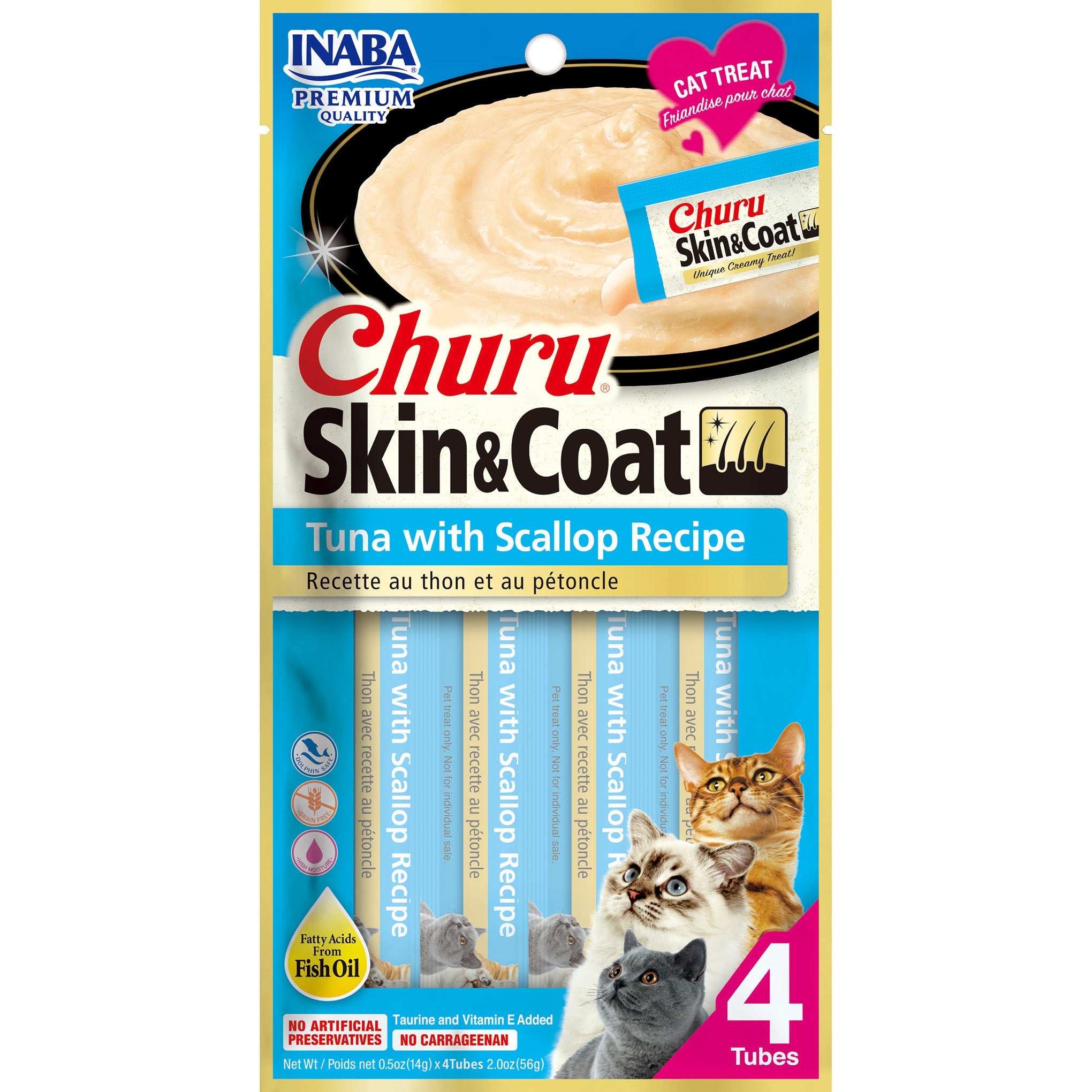 Inaba Churu Puree Skin & Coat Tuna with Scallop cat treat, front of pack, 4 tubes x 14g