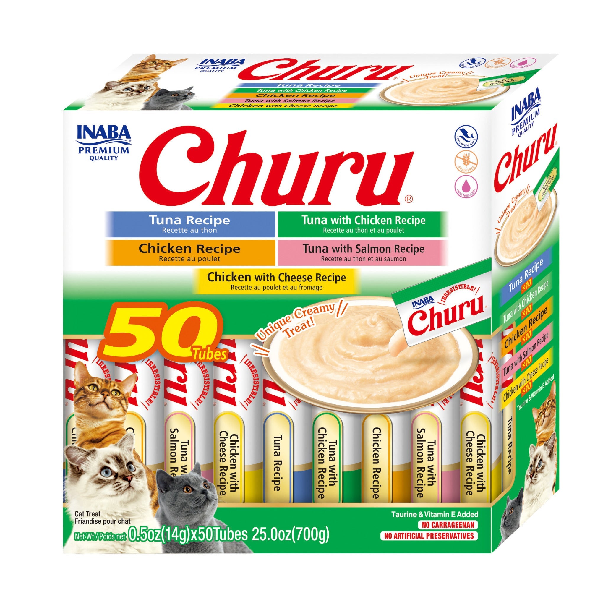 Inaba Churu Puree Tuna & Chicken Varieties cat treat, 50-tube box, front of pack