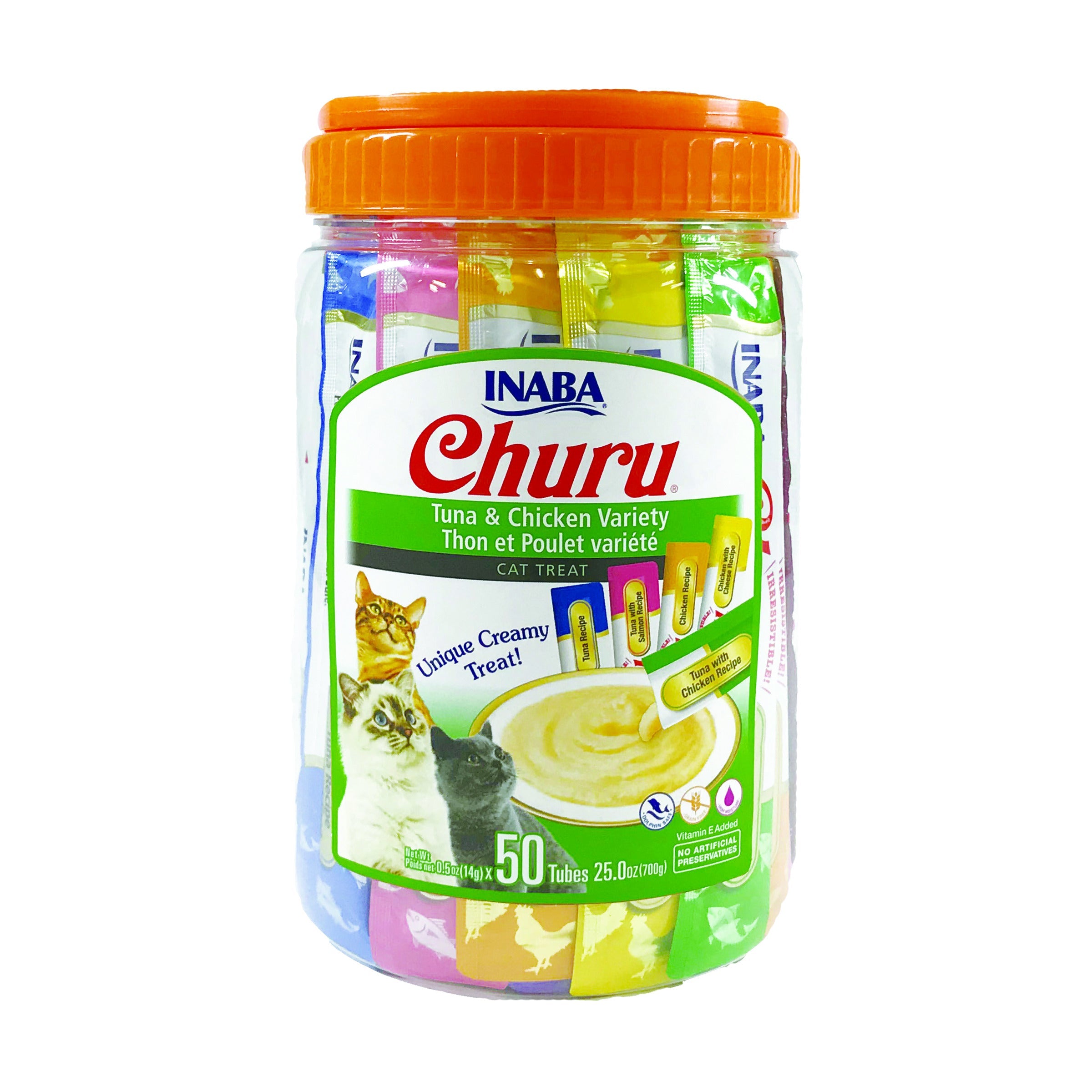 Inaba Churu Puree Tuna & Chicken Varieties cat treat, 50-tube jar, front of pack