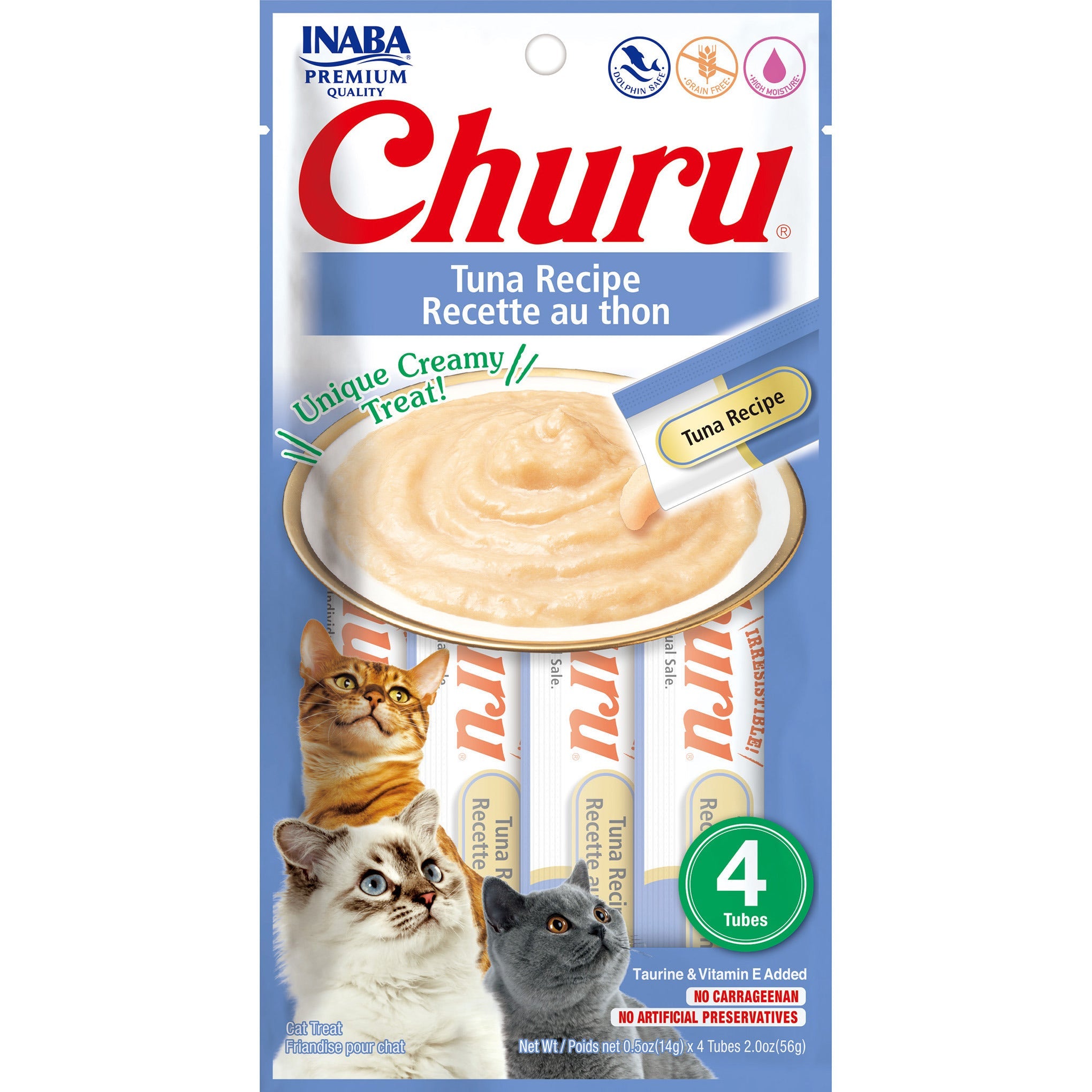 Inaba Churu Puree Tuna cat treat, front of pack, 4 tubes x 14g