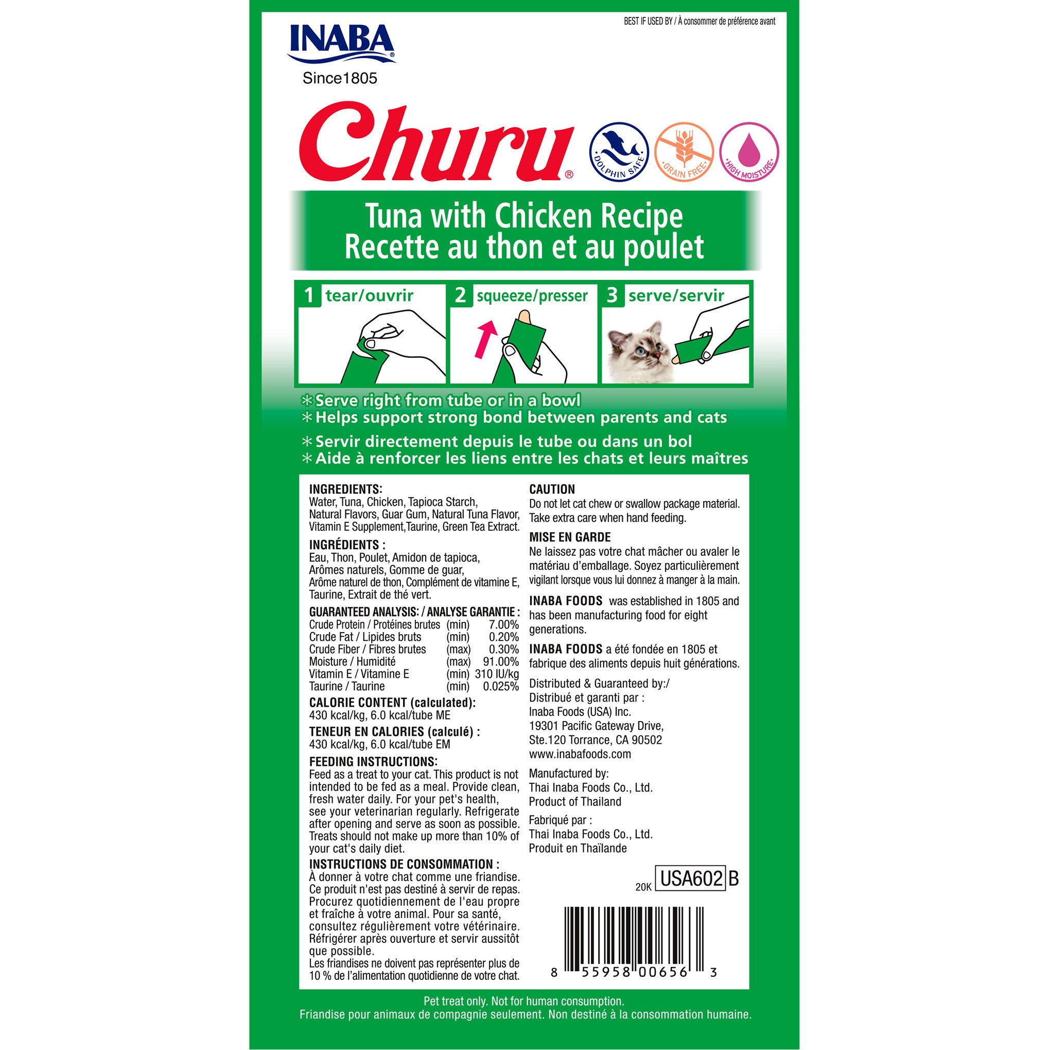 Inaba Churu Puree Tuna with Chicken cat treat, back of pack showing ingredients and feeding guide