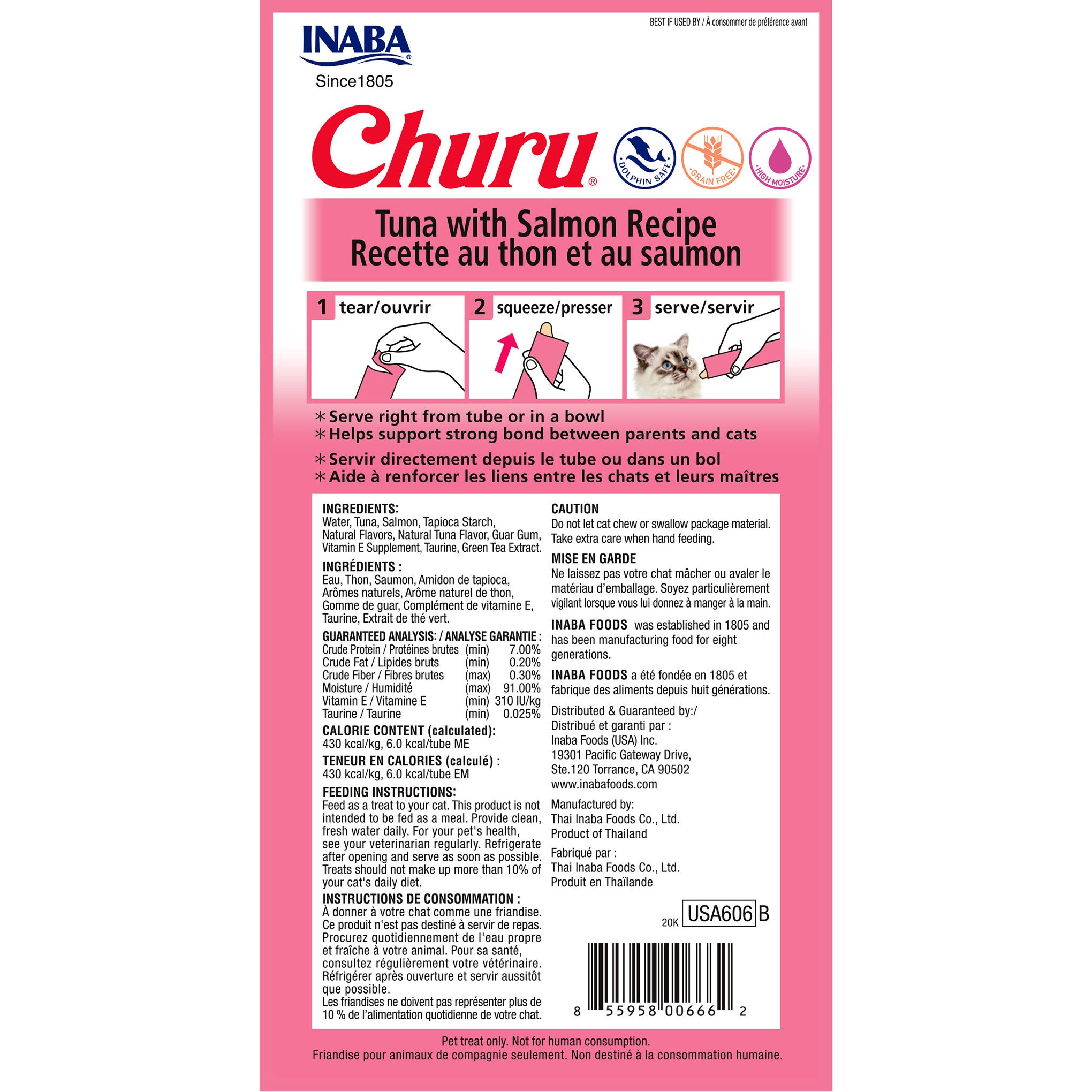 Inaba Churu Puree Tuna with Salmon cat treat, back of pack showing ingredients and feeding guide