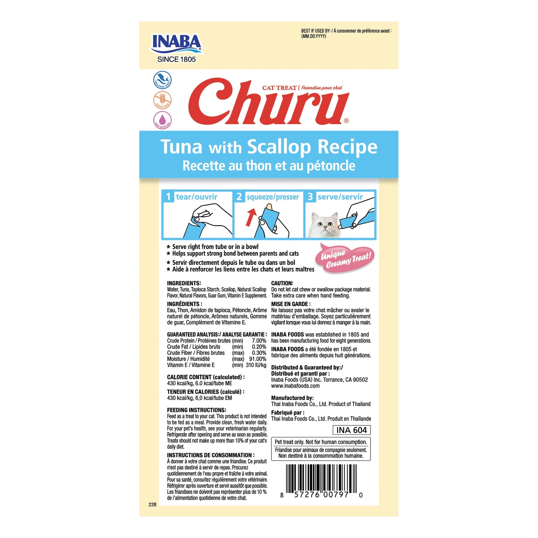 Inaba Churu Puree Tuna with Scallop cat treat, back of pack showing ingredients and feeding guide