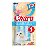 Inaba Churu Puree Tuna with Scallop cat treat, front of pack, 4 tubes x 14g