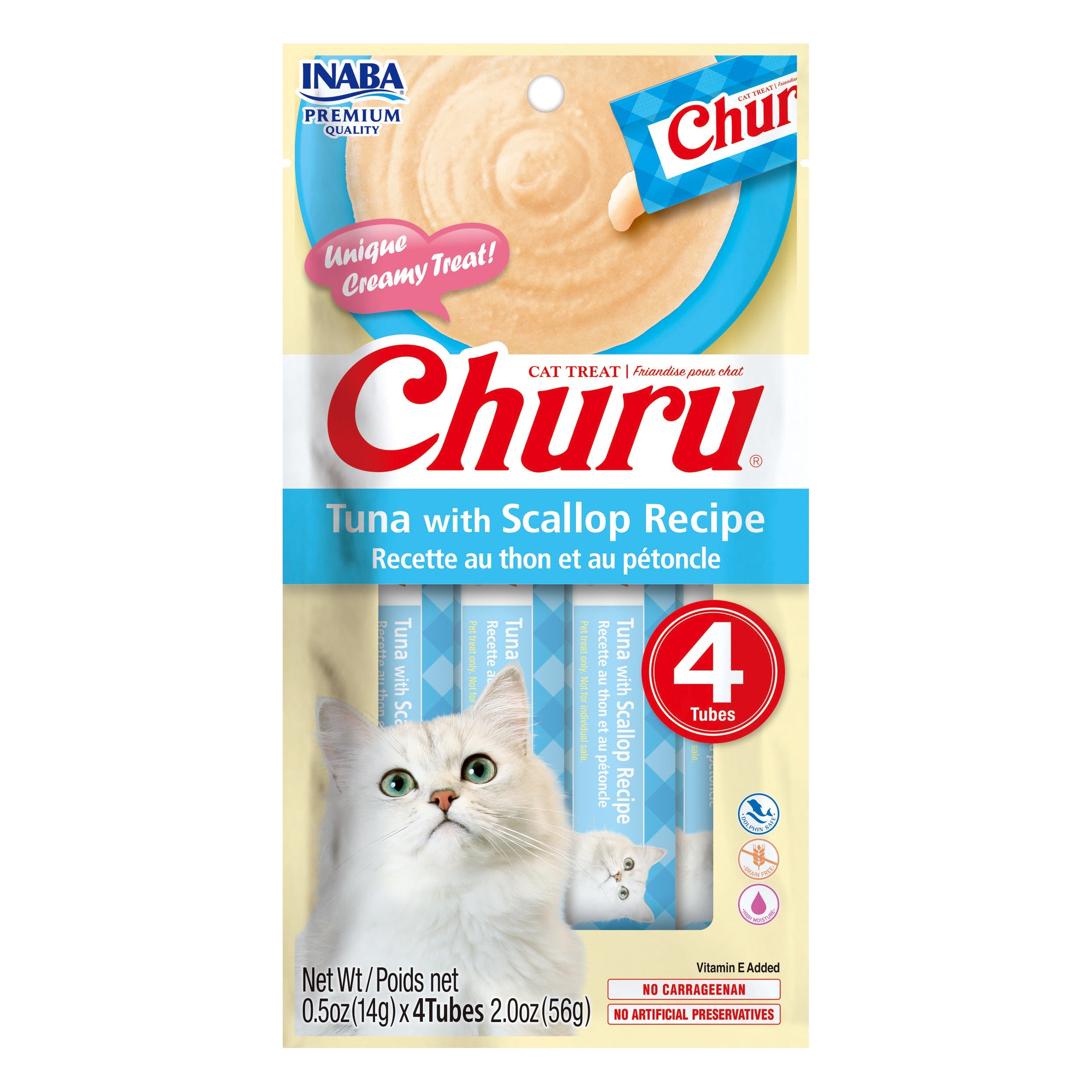 Inaba Churu Puree Tuna with Scallop cat treat, front of pack, 4 tubes x 14g