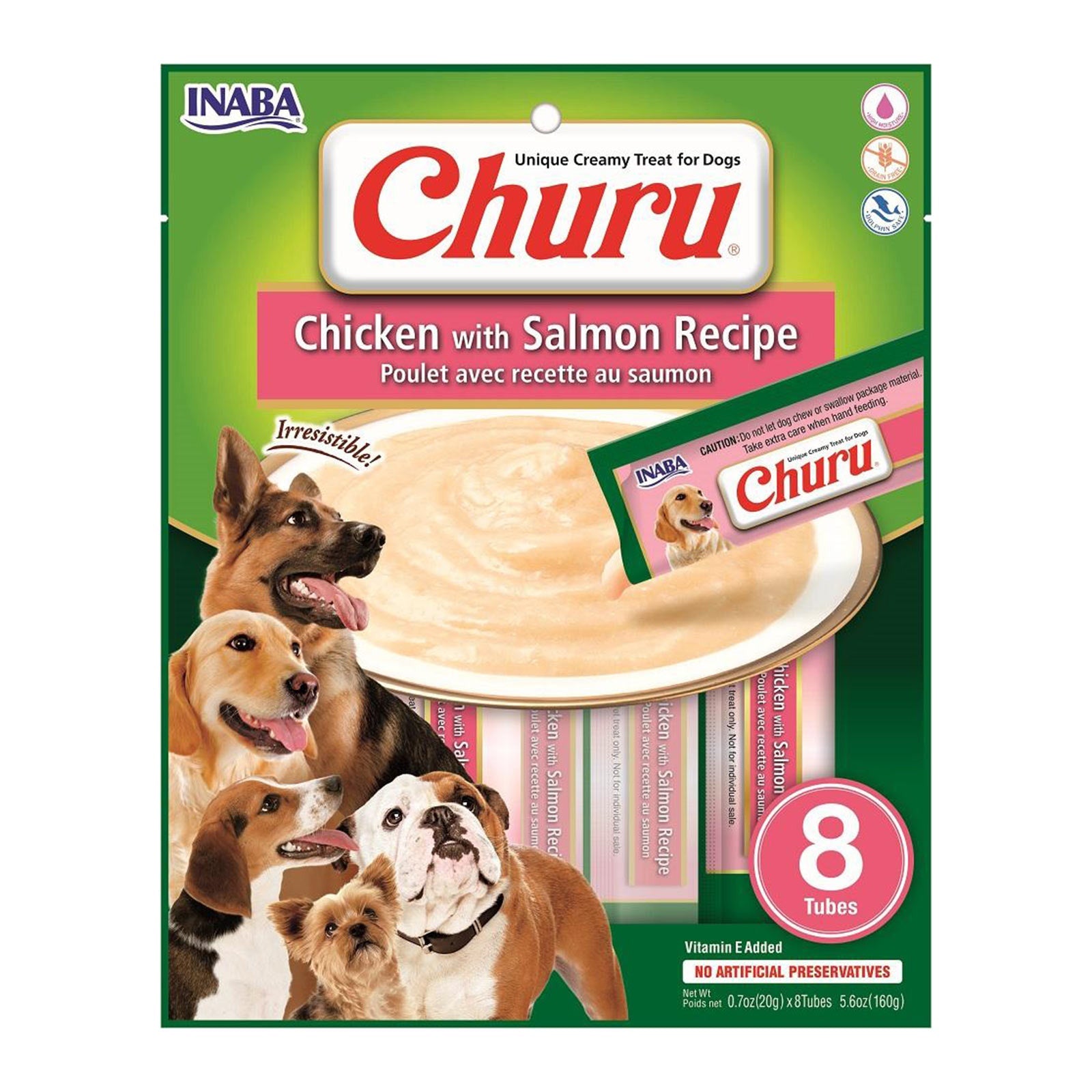 Inaba Churu Chicken with Salmon dog treat, front of pack, 8 tubes x 14g