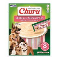 Inaba Churu Chicken with Salmon dog treat, front of pack, 8 tubes x 14g