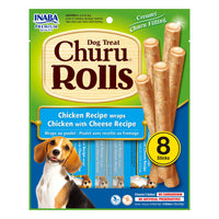 Inaba Churu Rolls Chicken with Cheese dog treat, front of pack, 8 sticks x 12g