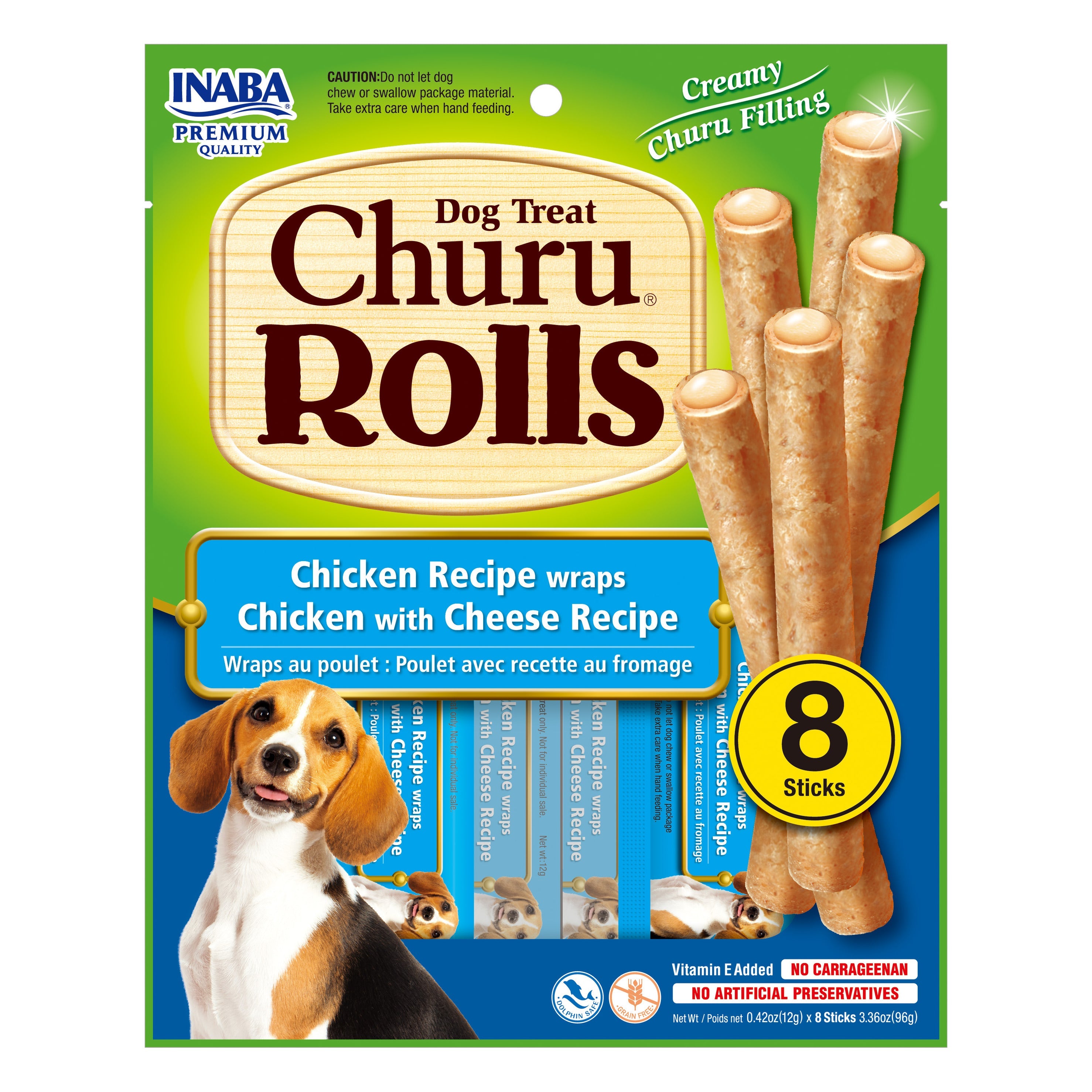 Inaba Churu Rolls Chicken with Cheese dog treat, front of pack, 8 sticks x 12g