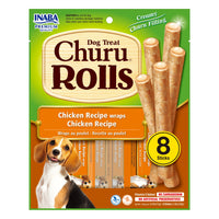 Inaba Churu Rolls Chicken Wraps dog treat, front of pack, 8 sticks x 12g