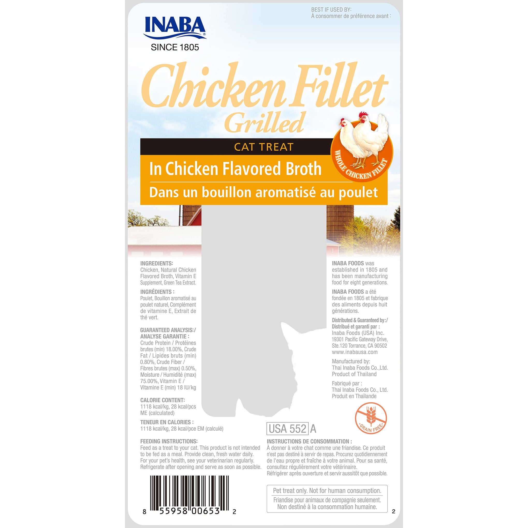 Inaba Grilled Chicken Fillet in Chicken Broth cat treat, back of pack showing ingredients and feeding guide