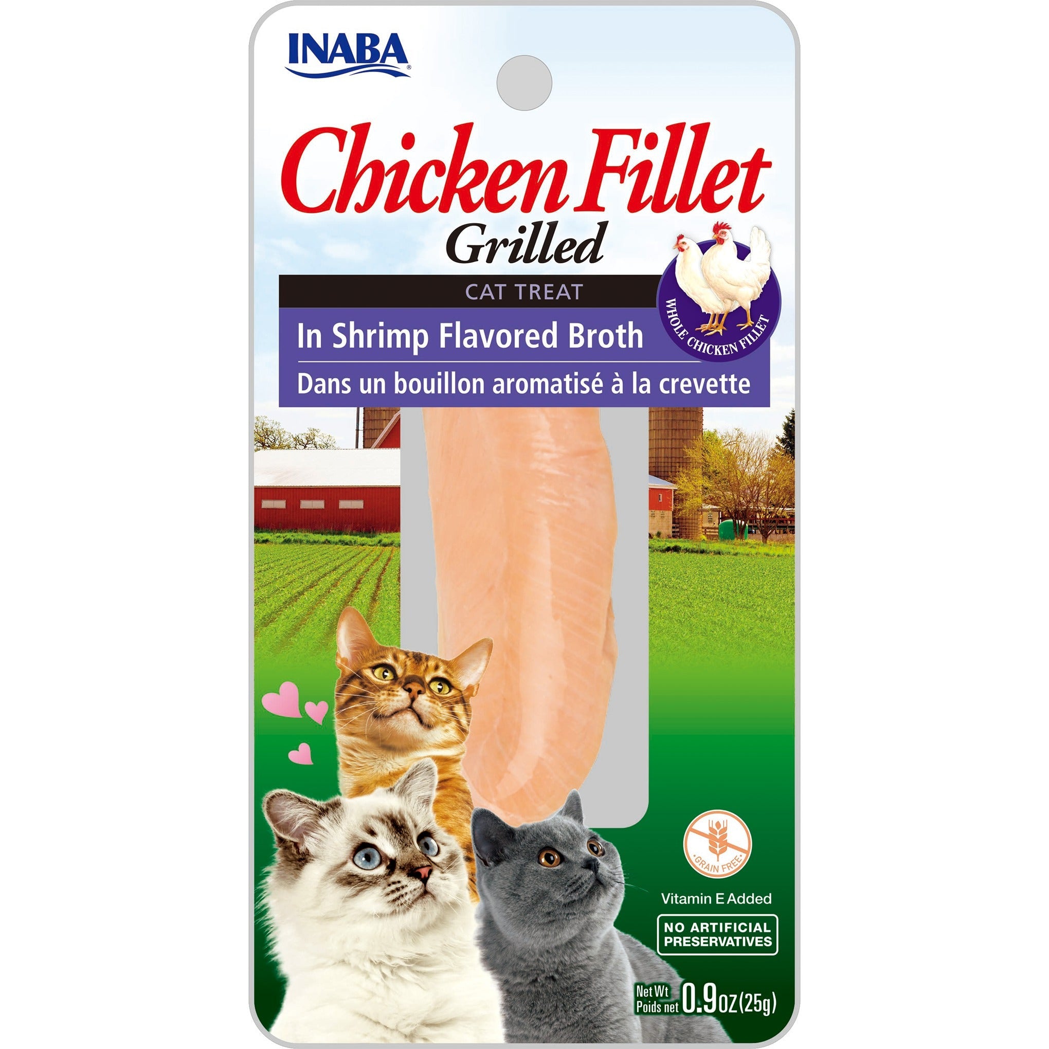 Inaba Grilled Chicken Fillet in Shrimp Broth cat treat, front of pack, 2 sticks x 15g