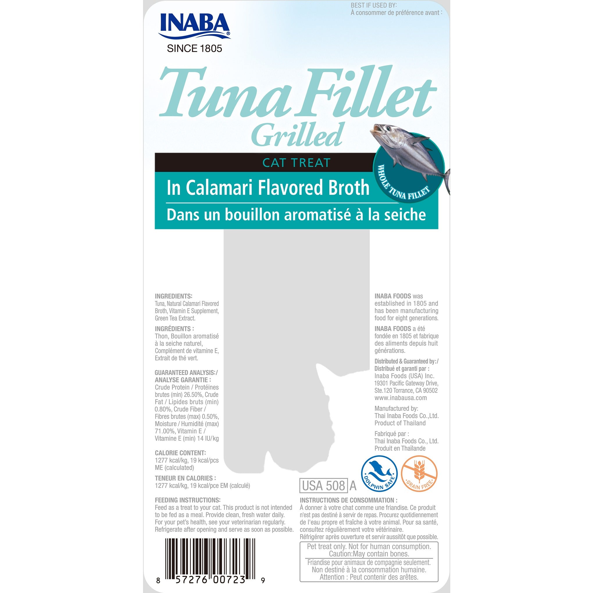Inaba Grilled Tuna Fillet in Calamari Broth cat treat, back of pack showing ingredients and feeding guide