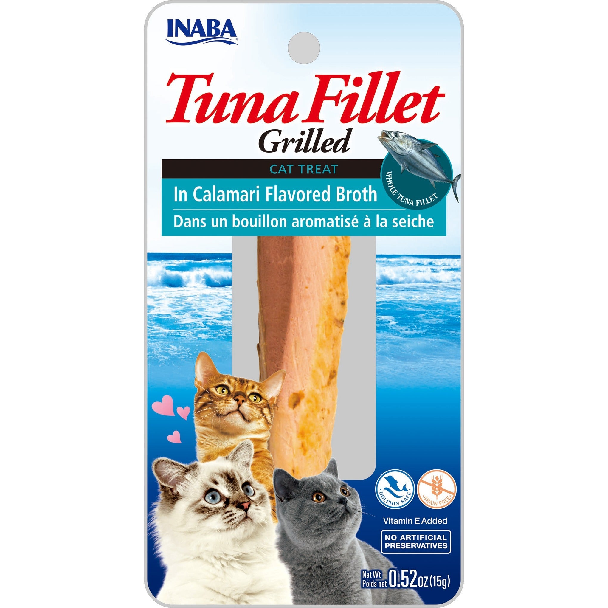 Inaba Grilled Tuna Fillet in Calamari Broth cat treat, front of pack, 2 sticks x 15g
