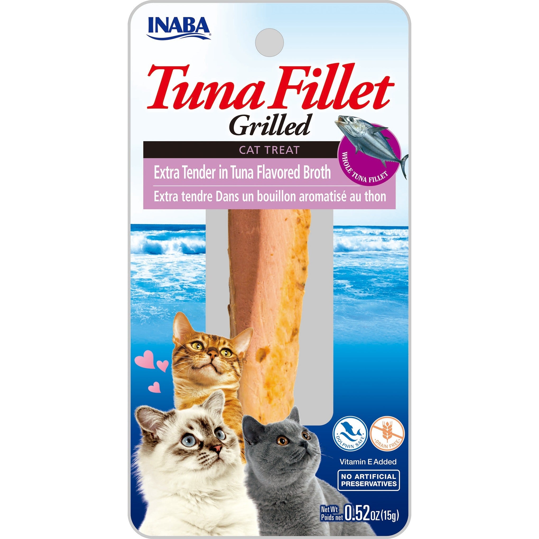 Inaba Grilled Tuna Fillet Extra Tender in Tuna Broth cat treat, front of pack, 2 sticks x 15g