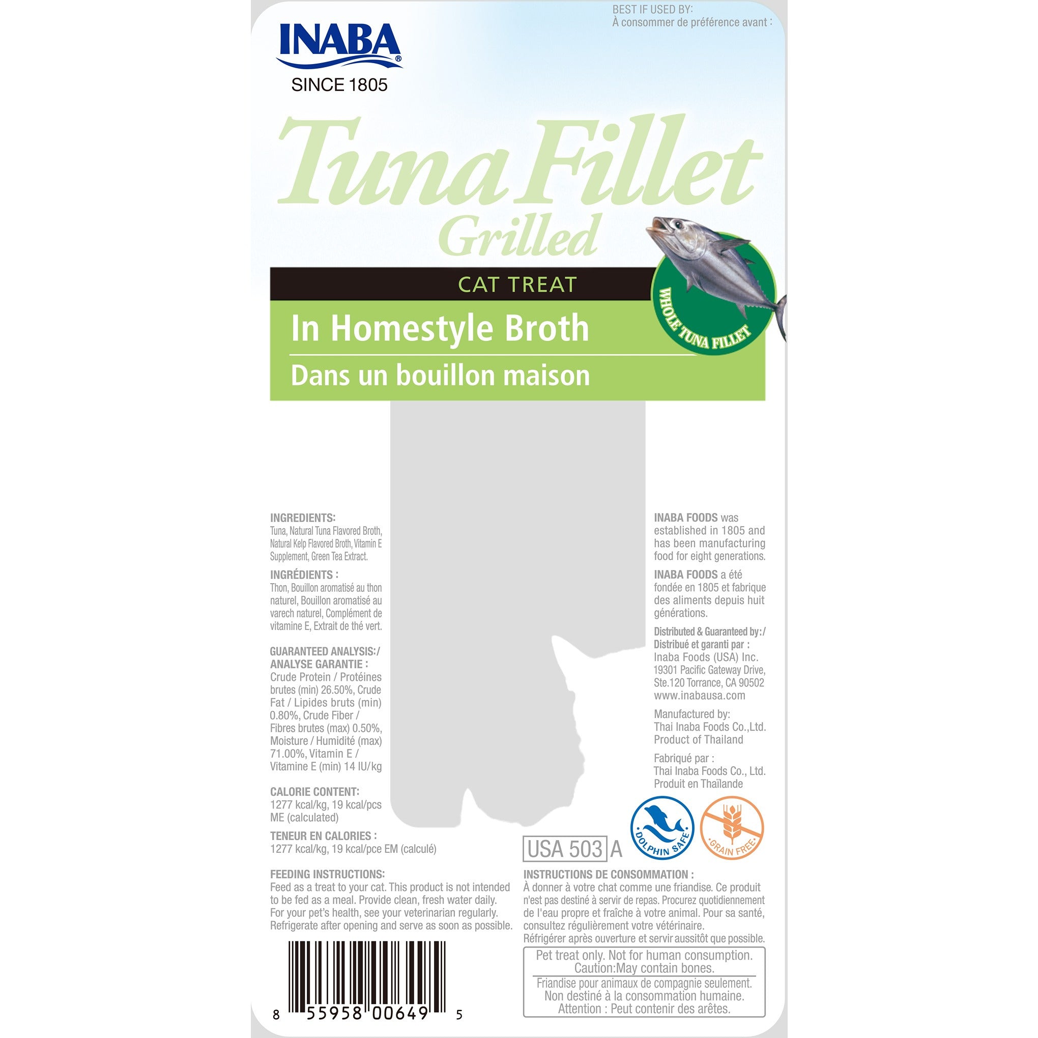Inaba Grilled Tuna Fillet in Homestyle Broth cat treat, back of pack showing ingredients and feeding guide