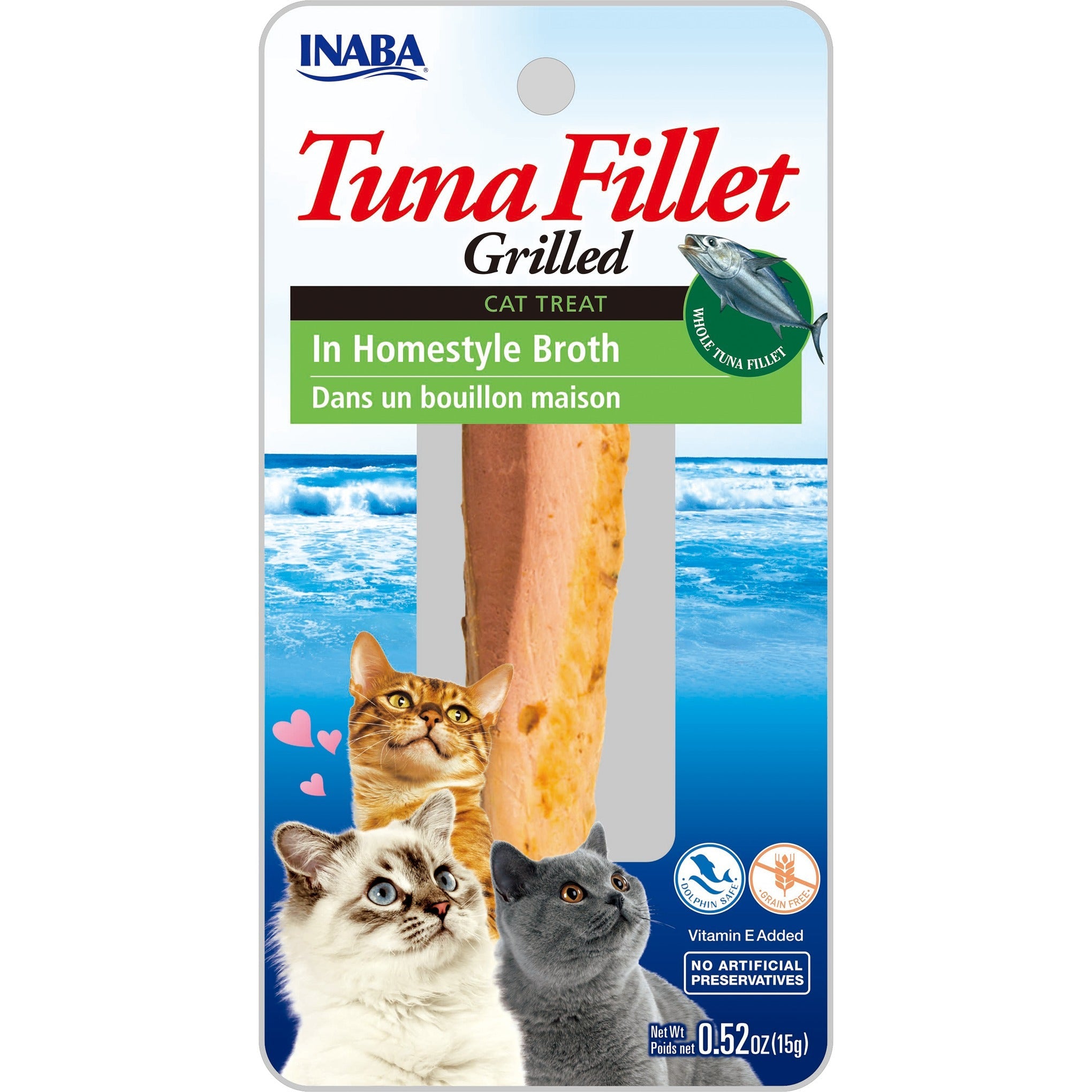 Inaba Grilled Tuna Fillet in Homestyle Broth cat treat, front of pack, 2 sticks x 15g