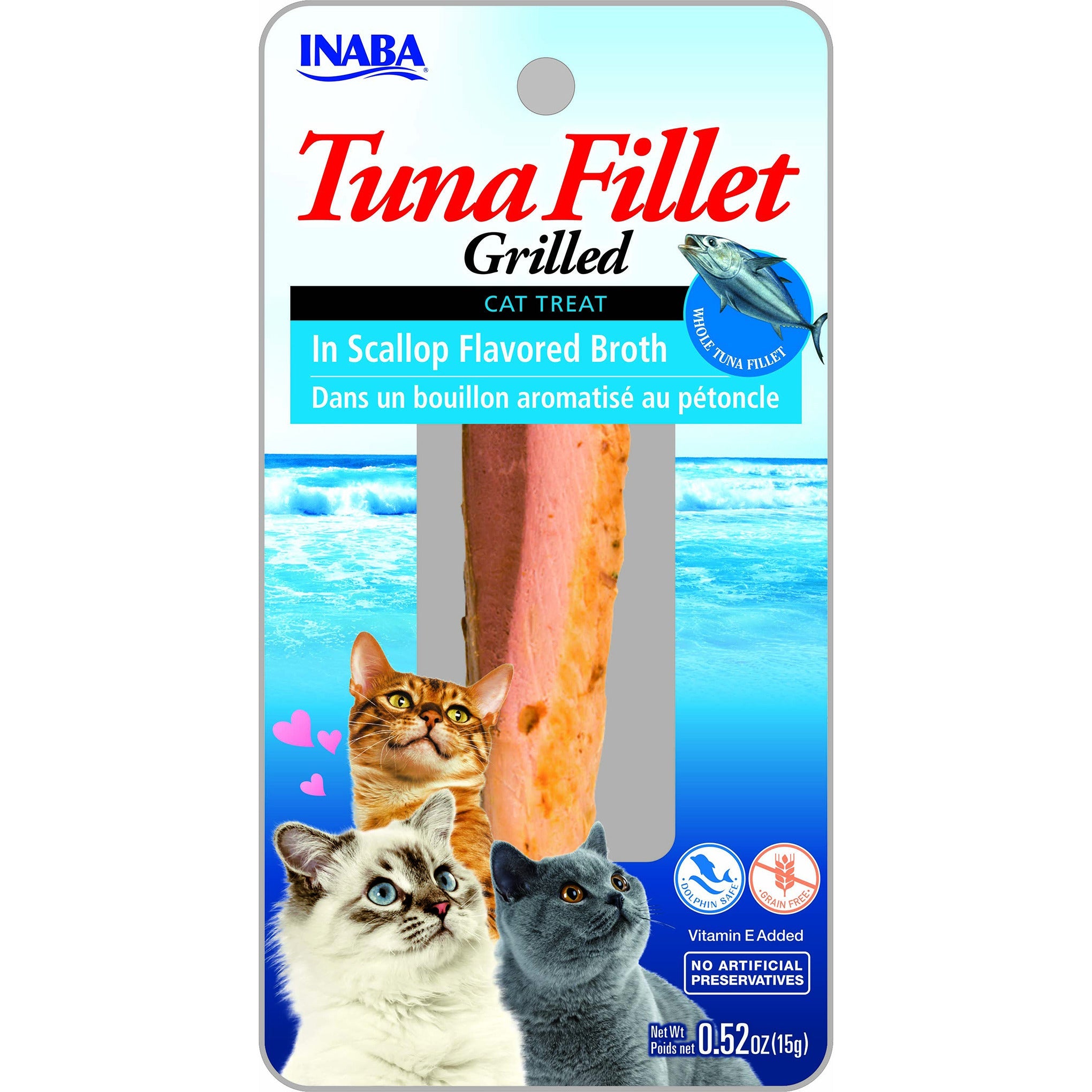 Inaba Grilled Tuna Fillet in Scallop Broth cat treat, front of pack, 2 sticks x 15g