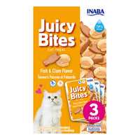 Inaba Juicy Bites Fish & Clam cat treat, front of pack, 3 packs x 11.3g