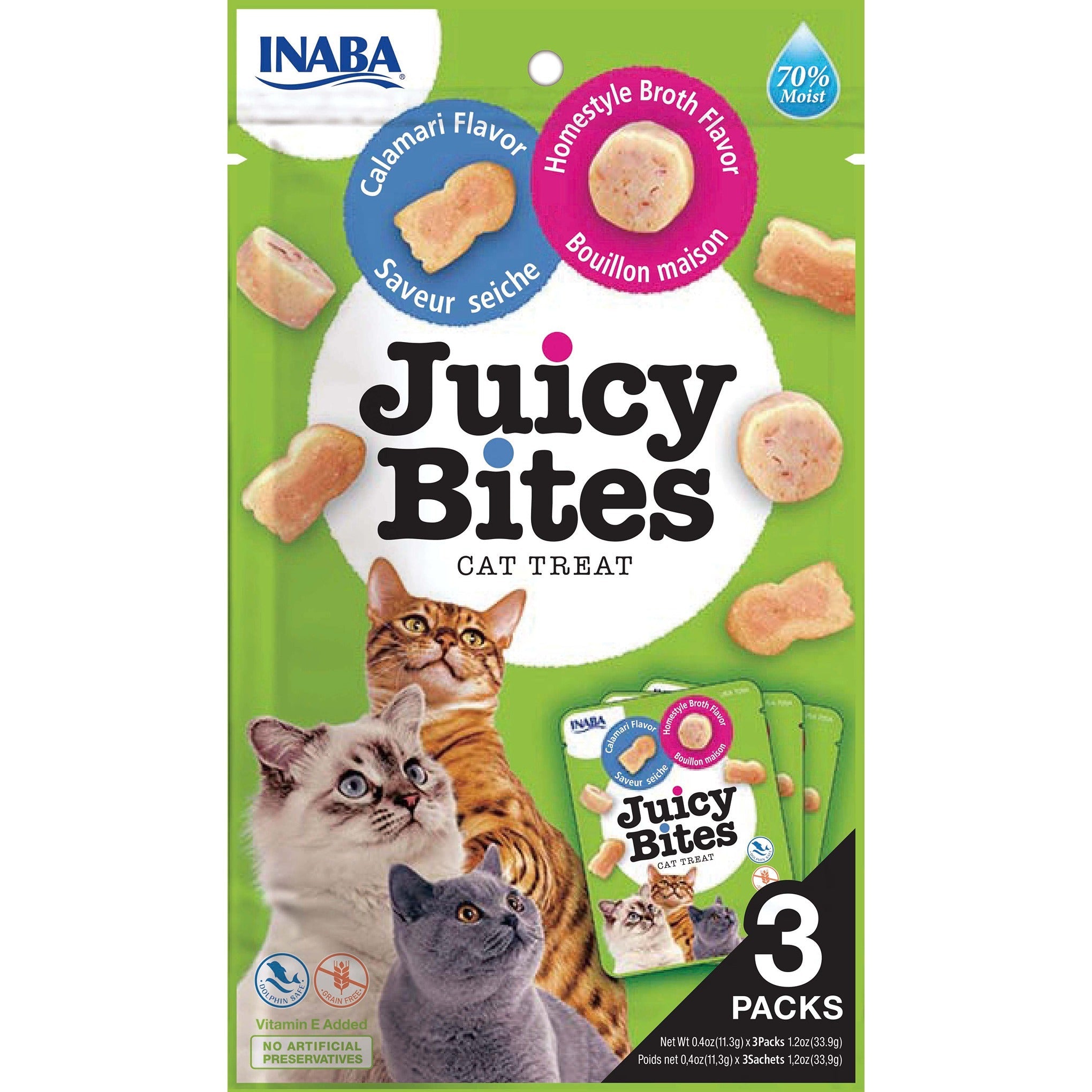 Inaba Juicy Bites Homestyle Broth & Calamari cat treat, front of pack, 3 packs x 11.3g