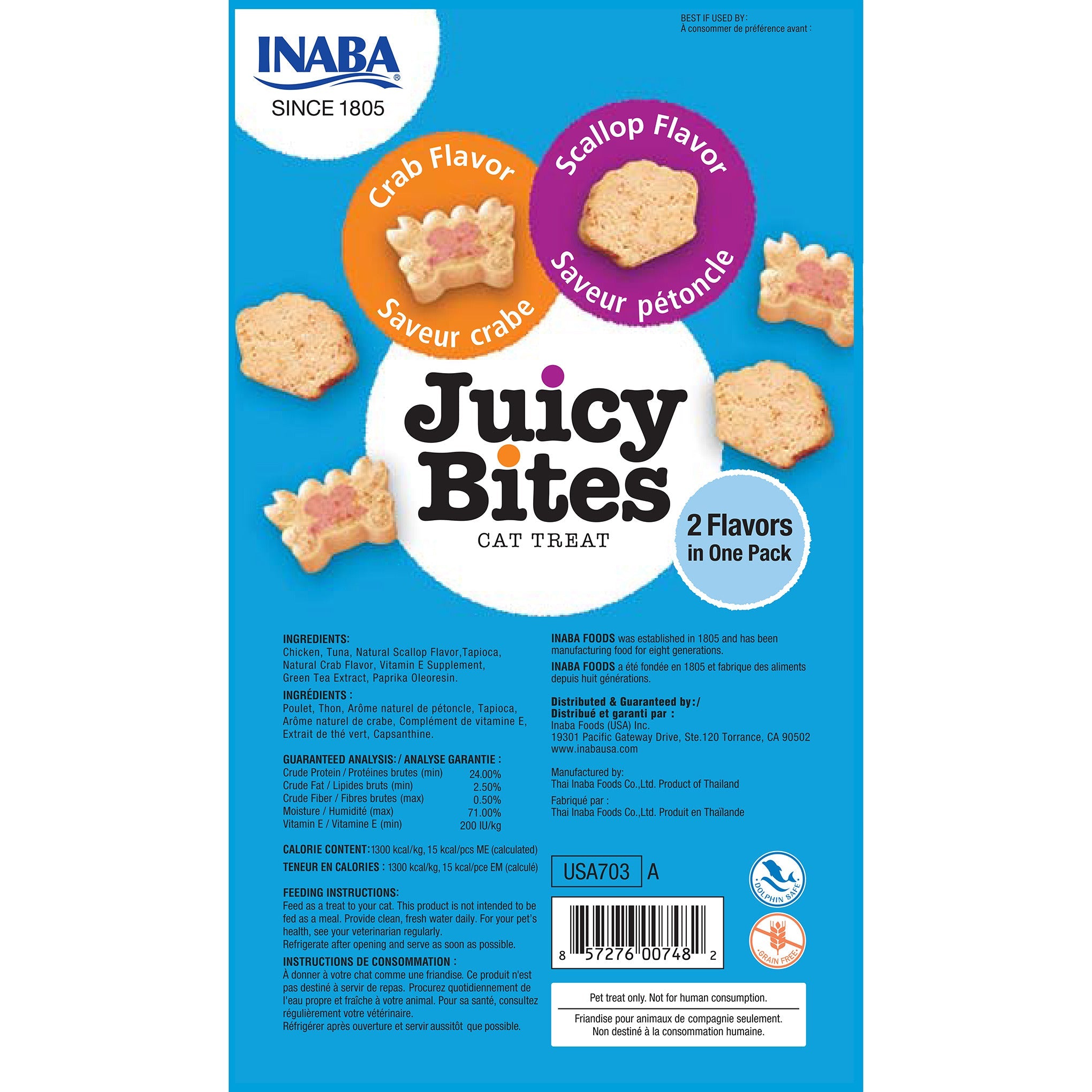 Inaba Juicy Bites Scallop & Crab cat treat, back of pack showing ingredients and feeding guide